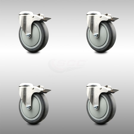 Service Caster 5 Inch 316SS Thermoplastic Rubber Swivel Bolt Hole Caster Set with Lock Brake SCC-SS316BHTTL20S514-TPRB-4